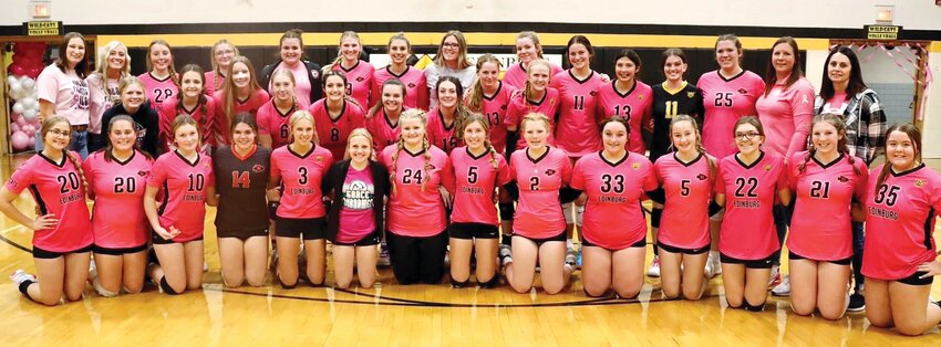 The Edinburg-South Fork and Nokomis volleyball teams painted the Wildcats&rsquo; gym pink on Tuesday, Oct. 10, in honor of Kincaid&rsquo;s Kathy Harris. The event raised $3,455 for Harris, who has been fighting breast cancer since May, and her family. In front, from the left are Grace Royer, Maddison DeWerff, Paisley Pruett, Grace King, Angelina Ippolito, Libby Watson, Ella Huelson, Paisley Swinger, Cloey Dirks, Adalyn Watson, Camryn Engelman, Reese Beckham, Kinley Stolte and Jensen Armintrout. In the middle are Kennadie Johannsen, Fallon Knodle, Natalie Brownback, Lilly Wake, Jara Shoulders, Becca Hill, Jayden Neal, Presley Mehochko, Caitlyn Foster, Mackenzie Mehochko, Bella Sapetti, ReJeana Carriker, Remi Tester, Assistant Coach Amy Stolte and Head Coach Megan Mehochko. In the back row are Assistant Coach Madison Peacock, Head Coach Brooke Hickey, Leah Emerson, Meadow Gribbins, Alivia Sabol, Reaghan Jonas, Addison Glenn, Abby Brandon and Elizabeth Hill.