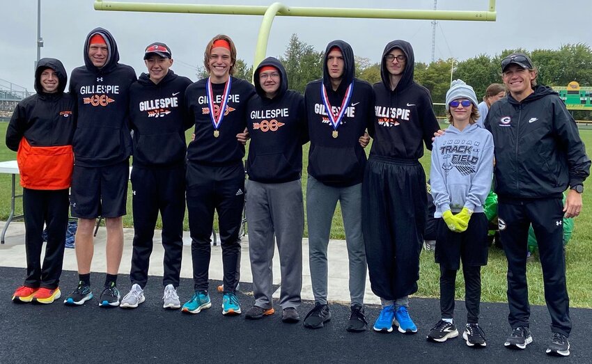 The Gillespie boys cross country team won their first South Central Conference title since 2000 on Saturday, Oct. 14, at Southwestern High School. From the left are Lucca Kapp, Carter Sies, Hank Fletcher, Leo Page, Marshall Garwood, Chaz Oberkfell, AJ Reisinger, Matthew Plovich and Coach Jay Weber.