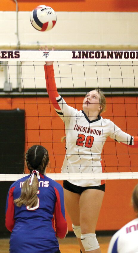 Freshman Tori Elvidge goes up for a kill early in the Lancers&rsquo; loss to Pawnee on Monday, Oct. 16. With several key players out due to injury, Coach Kimberly Denney has had to turn to her underclassmen to carry some of the load the last few weeks.