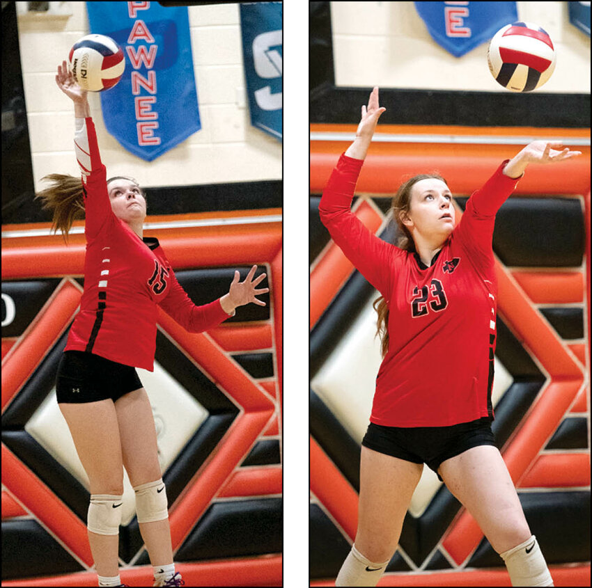 Nokomis' Becca (left) and Lizzy Hill helped the Redskins to a 25-4, 26-6 win over Sandoval on Tuesday, Oct. 24, in the opening round of the Lincolnwood Regional. Becca Hill had 18 service points, while Lizzy had 16, with both sisters serving up seven aces.