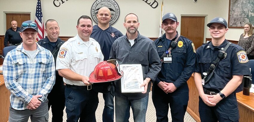 After almost 22 years with the Litchfield Fire Department, Captain Chris Handshy retired on Oct. 11, 2023. Handshy was recognized by Mayor Steve Dougherty, members of the Litchfield City Council and his fellow firefighters during the council meeting on Thursday, Nov. 2. From the Litchfield Fire Department, from the left, are Dave Rogers, Chris Bates, Chief Adam Pennock, Mike Chappell, Chris Handshy, Curt Glover and Joshua Mayfield.