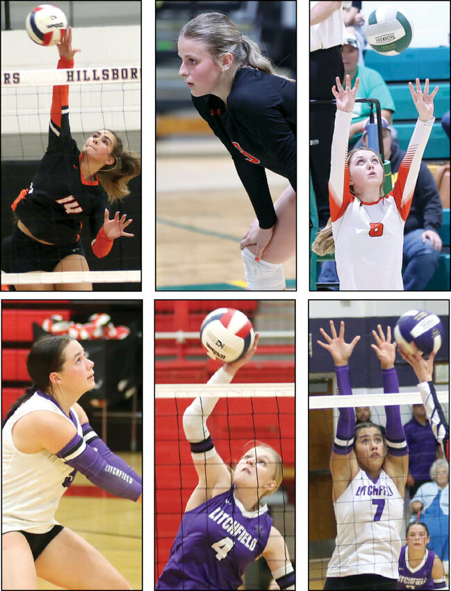 Hillsboro and Litchfield both landed three players on the South Central Conference volleyball all-conference team, which was released last week. On the top row are Hillsboro's Addison Lowe, Kennady Clayton and Amya Greenwood. On the bottom row are Litchfield's Amy Frerichs, Annika Rhodes and Gina Painter.
