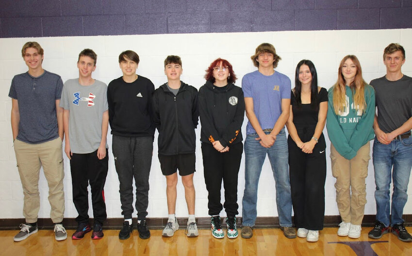 Pictured from left to right are semifinalists Lucien Quarton, Jackson Mullins, Conner Favre, Sam Schwab, Edana Hogsett, Darby Braasch, Ava Baller and Johnathan Conlee. Not Pictured is Nathan Schaake. The finalists in the Voice Of Democracy essay contest will be announced Tuesday, Nov. 21.