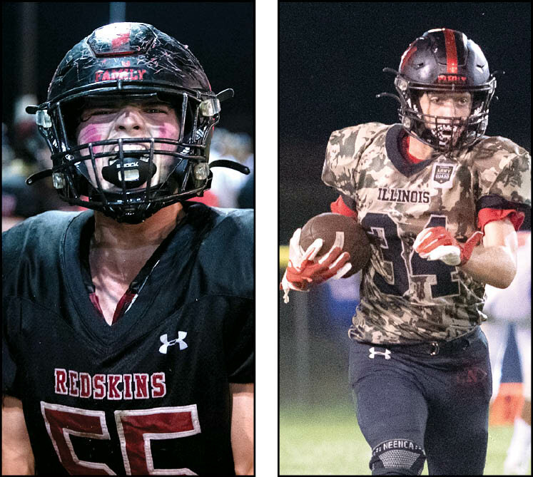 Nokomis' Jaxson Batty (left) and Nolan Herpstreith were both first team all-conference picks by the coaches of the Lincoln Prairie Conference this season as they helped lead the Redskins to a trip to the playoffs.