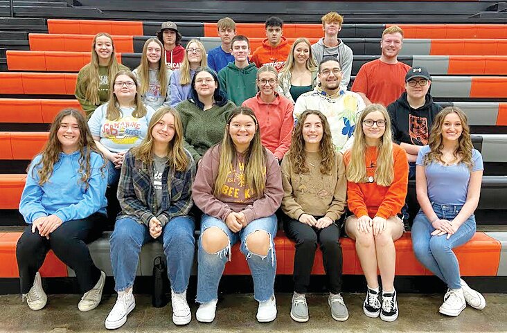 District 5 Senior Mixed Choir  Pictured above, in front, from the left are Isabella Collins, Lily Churchwell, Zoey Spinner, Aly Leisure, Lauren Storm and Rylie Jones. In the second row are Kyleigh Currie, Ryleigh Van Doren, Milla Anderson, Samuel Dilley and Garrett Kalaher. In the third row are Anika Cunningham, Kamdyn Putnam, Andrea Huber, Peyton Brewer, Lauryn Miller and Jaxon Wittenmyer. In back are Owen Earnest, Mitchell Cunningham, Dominic Clark and Mark Mattson. Not present for the photo were Leah Hemken and Frankie Huber.