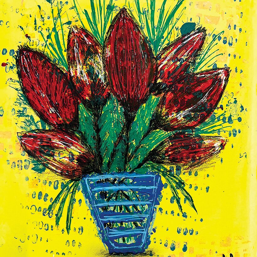 Vegetable printing will be the activity at the Nov. 14 MCAG meeting.  This is Huber&rsquo;s sample of flowers stamped with shallots. Blue specks in background are from rolling corn on the cob.
