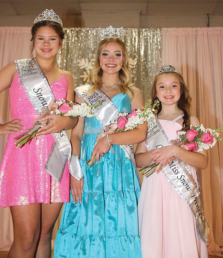 From the left are 2023 Snow Princes Adilyn Milanos, 2023 Snow Queen Clara Armbruster and 2023 Little Miss Snow Princess Demi Maass.