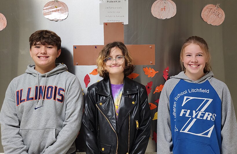 Three Zion Lutheran Students were named finalists in this year&rsquo;s Patriot&rsquo;s Pen Contest. Pictured above are finalists Evan Fricke, Audrey Orf and Emma Quattlander.