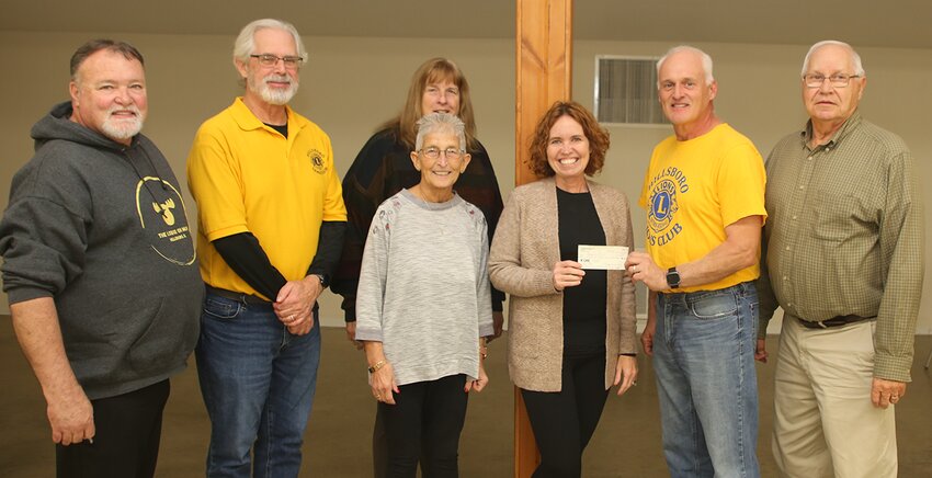 Members of the Hillsboro Lions Club celebrated a successful year of fundraising by making donations to local organizations that help others, including $750 for the Angel Tree project in Hillsboro.  From the left are Lions Greg Schoen, Secretary Doug Jarman, Pam Schaefer, Sharon Schoen, Melanie Sherer of Angel Tree, Past President Kyle Furness and Earl Meier.