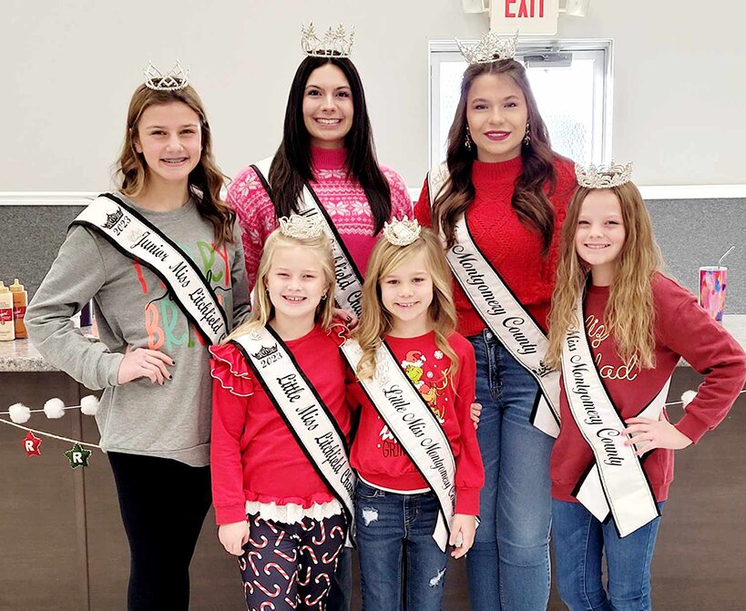 Pictured above,the Litchfield Chamber of Commerce royalty teamed up with the Montgomery County Fair royalty for a hot chocolate bar and bracelet sale at a vendor event held at the Litchfield Community Center. From the left are Junior Miss Litchfield Chamber of Commerce Tilly Fergurson, Little Miss Litchfield Chamber of Commerce Addy Winans, Miss Chamber of Commerce Kendall Stewart, Little Miss Montgomery County Karsyn Jones, Miss Montgomery County Fair Queen Alexis Lessman and Junior Miss Montgomery County Nataleigh Jackson. The group raised $241, which will be donated to Coats for Kids in Litchfield.
