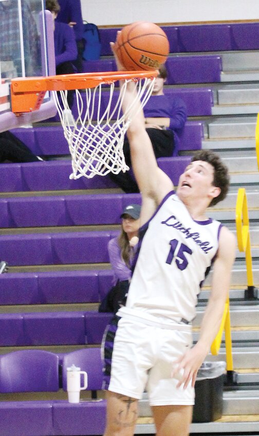 Litchfield's Tate Dobrinich goes up for a slam for two of his 11 points in the Panthers' 89-49 win over Tri-City on Friday, Nov. 24. The win was one of two for the Panthers at the Bill Rucks Tournament in Mt. Pulaski as Litchfield went on to finish fourth in the eight-team event.
