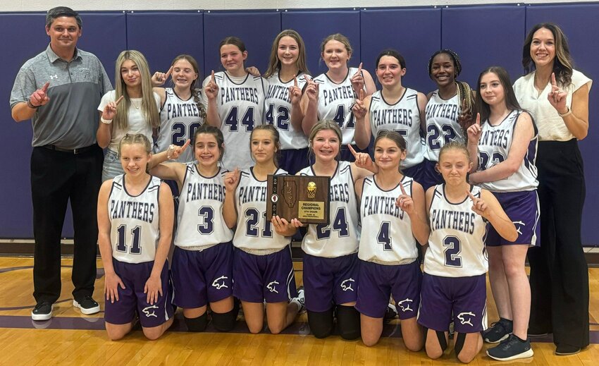 Members of the regional champion Litchfield Middle School eighth grade girls basketball team, in front, from the left, are Kayleigh Morgan, Charlotte Reyes, Adia Melchert, Lynzie Reid, Kinley Hemken and Emma Estell. In the back row are Coach Drew Logan, Manager Halle Rogers, Samantha Rieke, Jennah Longwell, Mckenna Harmon, Allison Belusko, Emma Weidner, Jada Carroll, Sarah Rieke and Assistant Coach Jennifer Flemming.
