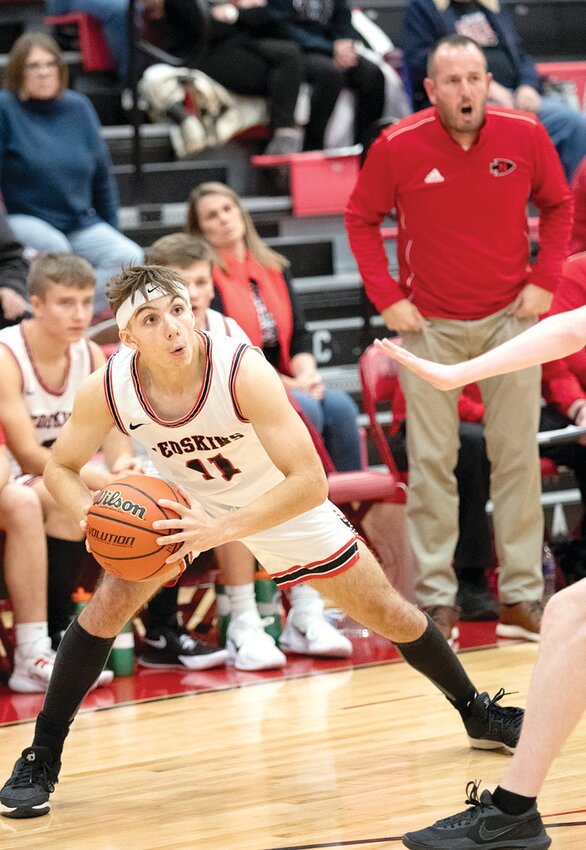 Nokomis' Saint Newman looks for an open teammate or path to the basket during the Redskins' home game against Springfield Lutheran on Tuesday, Nov. 28. Newman got six points and Nokomis got a 50-45 conference win over the Crusaders, their first of the young season.