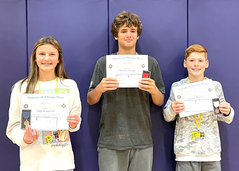 Pictured above are the winners of the annual Patriot&rsquo;s Pen Scholarship competition at Litchfield Middle School. From the left, first place winner Tilly Fergursen, second place Braeden Knapp and third place Sam Mazza.