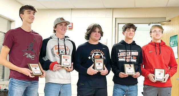 Award winners, from the left, were Most Valuable Player Reece Lohman, Best Offensive Player Ian Keller, Best Defensive Player Carson Contreras, Most Improved Player Bond Knodle and We Before Me Award winner Cade Johnson.