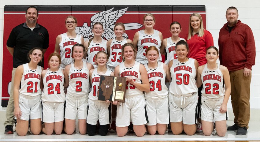 For the tenth time in the program&rsquo;s history, the Nokomis Junior High girls basketball team advanced to the IESA State Finals, thanks to their eighth graders&rsquo; 25-11 victory over North Greene on Wednesday, Dec. 6, at the Central A&amp;M Sectional. In front, from the left are Brooklyn Marley, Quincee Riebe, Kara Beaty, Hannah Tarter, Carsyn Bertolino, Lily Broers, Kendree Dean and Emily Harston. In the back are Head Coach Sean Hendrickson, Nina Johnson, Kennedi Aumann, Joelle Jackson, Paige Suslee, Avry West, Assistant Coach McKenna Sanders and Assistant Coach Evan Duff.