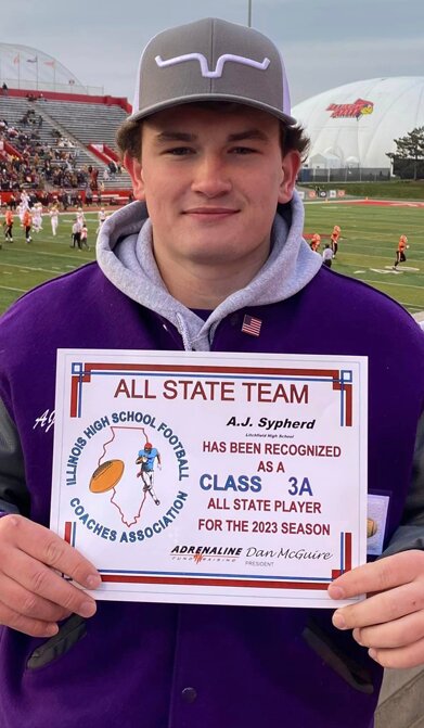 Litchfield&rsquo;s A.J. Sypherd, shown here after receiving his all-state recognition at the IHSA football state championships, is one of just 126 senior football players in Illinois to be selected for this year Illinois Coaches Association Shrine All-Star Game, to be played June 15 at Illinois Wesleyan University in Bloomington.
