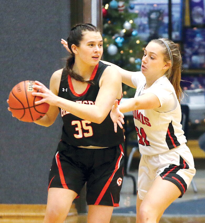 Nokomis' Grace DeWerff defends Erika Gill of Gillespie during the third place game at the Carlinville Holiday Tournament on Friday, Dec. 29. The Miners took advantage of a cold shooting night for the Redskins as they beat Nokomis for the second time this season, this time by a 40-22 final score.