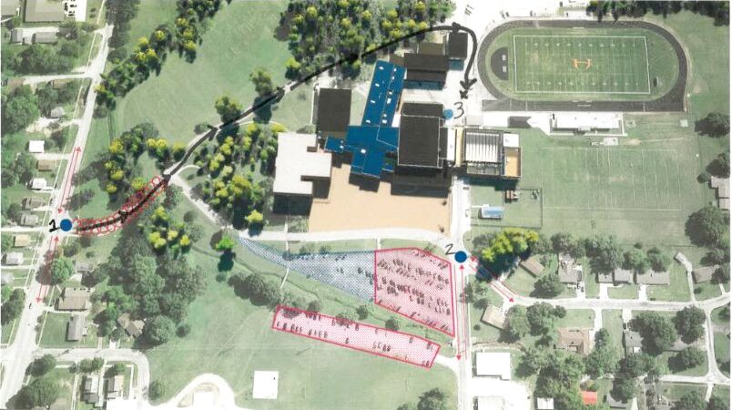 With the construction of the new high school, access to the Hillsboro High School gym has changed for fans going to sporting events this winter. Fans may park in the lower parking lots highlighted above and enter the campus at the intersection of Fairground Avenue and Hiltop Drive (#2) then proceed to the rear entrance of the gym. Anyone needing handicap parking may enter on Tremont Street (#1) and proceed to the lot near the football field (#3).