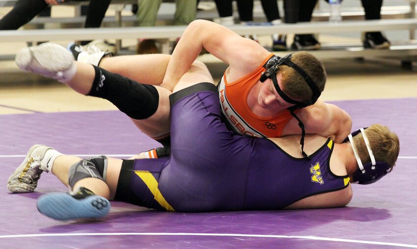 Hillsboro's Seth Hubbart needed just 46 seconds to get the pin against Gavin Fasig of Williamsville on Thursday, Jan. 4, one of 10 wins Hillsboro collected in their 60-18 victory over the Bullets.