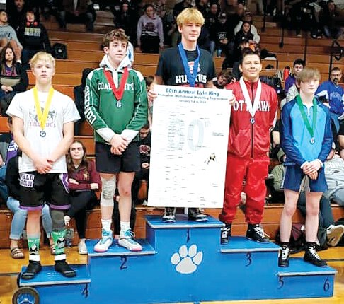 Litchfield's Vincent Moore, left, finished fourth at 113 pounds at the Princeton Invitational Tournament on Jan. 5-6. Moore was one of two Panther wrestlers to make the podium, with Braxton Kieffer finishing seventh at 144 pounds. Pictured with Moore are champion Hunter Robbins of Illini Bluffs, runner-up Cooper Morris of Coal City, third place finisher Ivan Munoz of Ottawa Township and fifth place finisher Carter Knobloch of Olympia.
