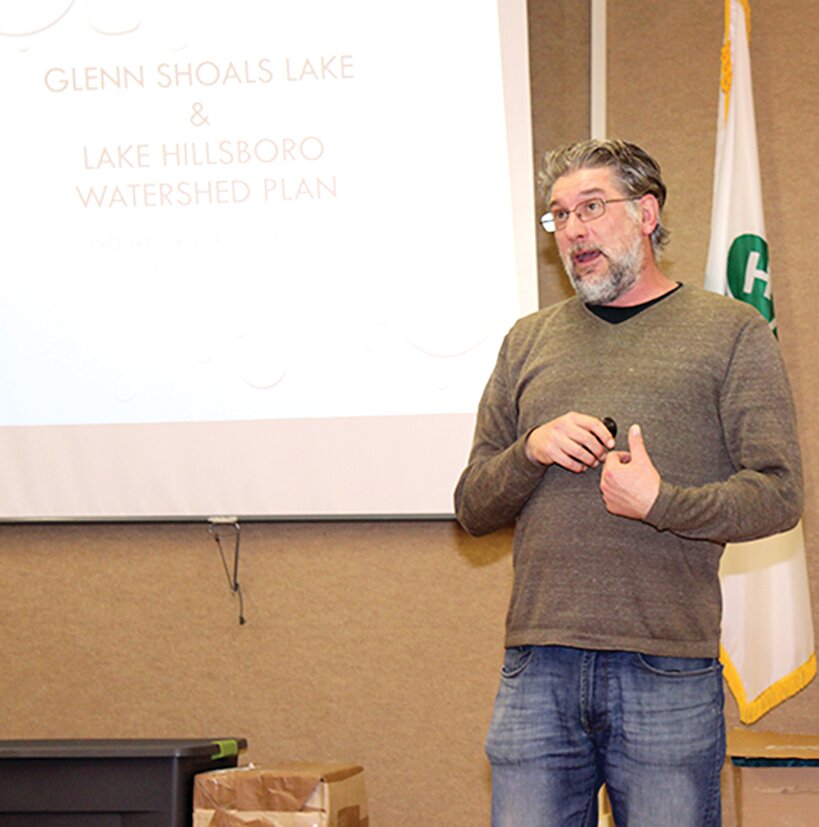 Jeff Boeckler of Northwater Consulting presents a multitude of statistics, along with action plans made with the goal of making the water clearer in Lake Glenn Shoals and Lake Hillsboro.