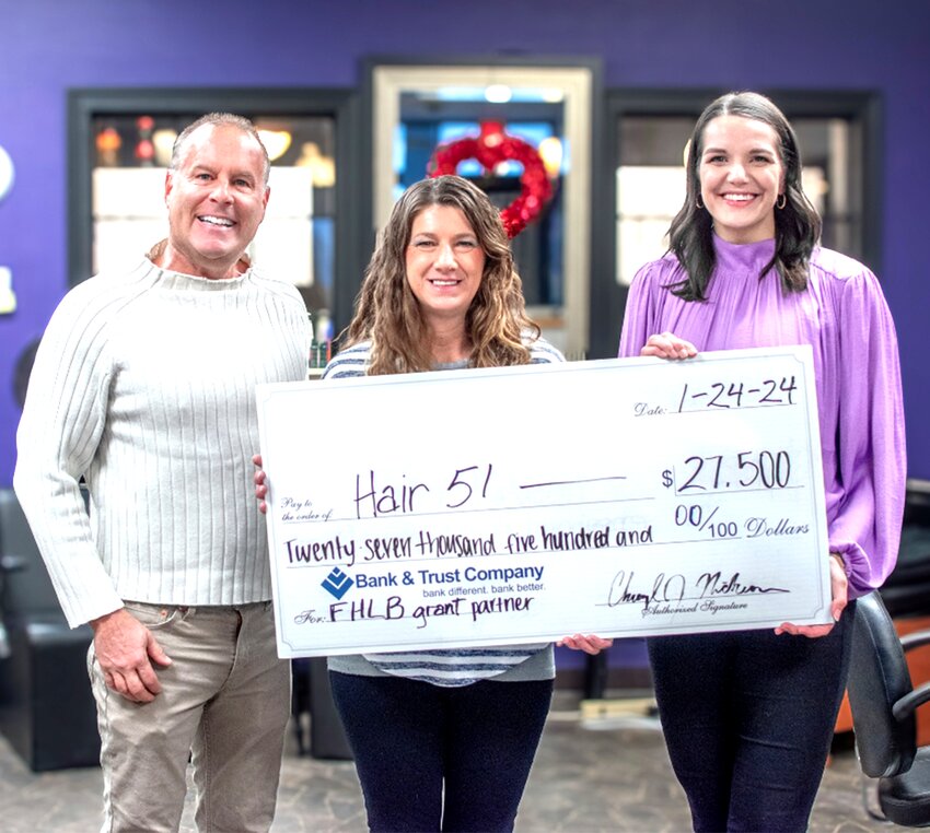 Hair 51 in Litchfield received FHLBank Chicago Community First accelerate grant through partnership with Bank and Trust Company. Pictured above from the left are Bill Fleming of Bank and Trust Company, Hair 51 owner Tracy Davidson and Shayla Kaeb.