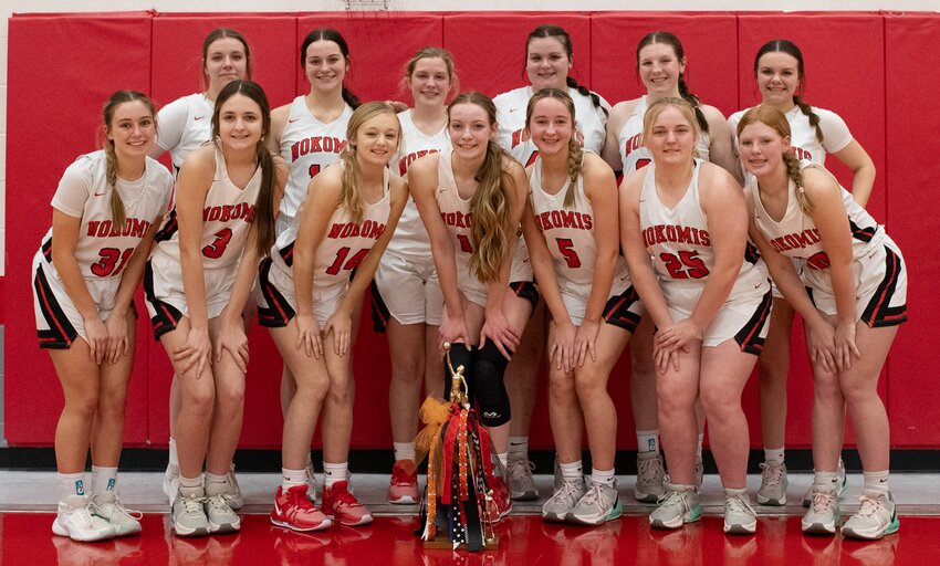 For the third time in four years, the Nokomis Lady Redskins are champions of the MSM Conference in girls basketball, after defeating South County 51-40 on Monday, Feb. 5, to finish 7-0 in the conference. In front, from the left are Grace DeWerff, Fallon Knodle, Maliah Harris, Natalie Brownback, Camryn Engelman, Kalasandra Cook and Cloey Dirks. In the back row are Lizzy Hill, Mackenzie Mehochko, Cydney Bertolino, Alivia Sabol, Kinley Stolte and Becca Hill. In their four years in the MSM Conference, the Nokomis girls are 26-1. For more photos from the game, go to nokophoto.smugmug.com.