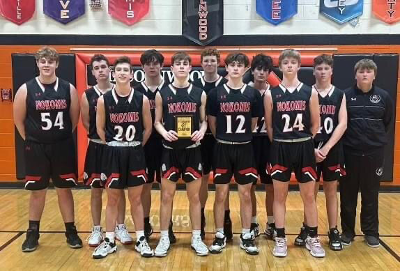 The Nokomis freshman/sophomore boys basketball team took first in the 2024 Lincolnwood JV Boys Basketball Tournament, which was held from Jan. 13-31. In front, from the left, are Blain Goodwin, Kannon Jonas, Kadynn Petty and Glavine Himes. In the back are Griffin Engelman, JJ Denby, Daryl Evans, Konnor Reynolds, Ari VandenBergh, Braydon Cachera and Halen Barnes.