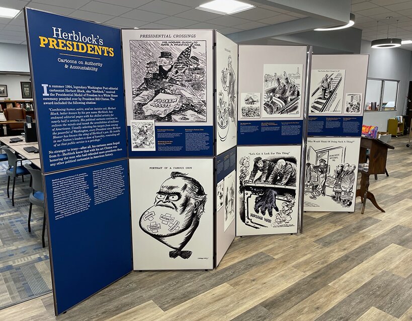 &quot;Herblock's Presidents, Cartoons on Authority and Accountability&quot; can be viewed in the library lobby now through Saturday, Feb. 24.