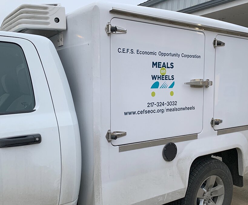 C.E.F.S. Opportunity Corporation provides the delivery truck to Meals on Wheels Montgomery County. Separate insulated compartments keep hot food at 160 degrees and milk/dairy items at 39 degrees. Driver Kevin Davis logs 77 miles on his round trip out of Litchfield.