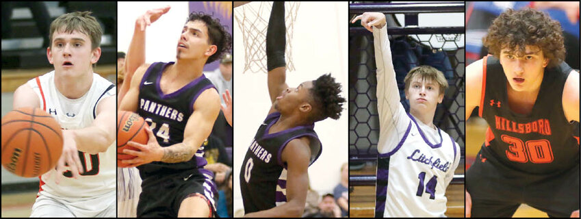 Five Montgomery County boys basketball players earned all-conference recognition this year, three from Litchfield and two from Hillsboro. From the left are Hillsboro's Nathan Matoush and Litchfield's Victor McGill, who were first team selections, and Litchfield's Keenan Powell and A.J. Odle and Hillsboro's Jace Stewart, who were all third team all-conference.