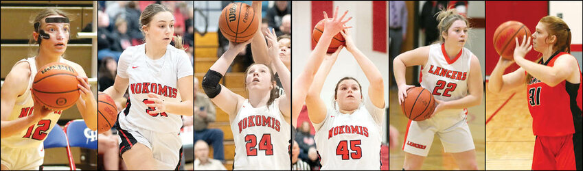Six Montgomery County players were among the 16 honored by the coaches of the MSM Conference for this year&rsquo;s all-conference girls basketball team. From the left are Nokomis&rsquo; Natalie Brownback, Grace DeWerff, Kinley Stolte and Alivia Sabol, and Lincolnwood&rsquo;s Taryn Millburg and Lilly Terneus.