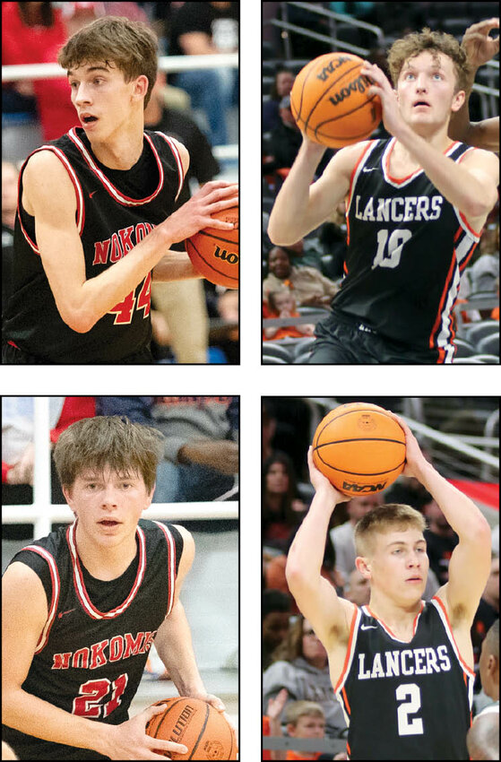 Two Nokomis and two Lincolnwood boys basketball players earned all-conference recognition from the coaches of the MSM Conference this year. Clockwise are first team selection Reece Lohman of Nokomis, second team selections Brady Schmedeke and Jonah Elvidge of Lincolnwood and honorable mention Kennedy DeWerff of Nokomis.