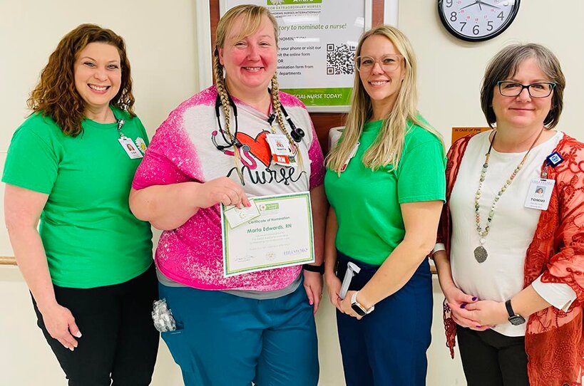 Nurses at Hillsboro Health have recently been nominated for the DAISY Award. Pictured above, from the left, are Lisa Walden, DAISY Award nominee Marta Edwards, Julie Smith and Tommi Cline.
