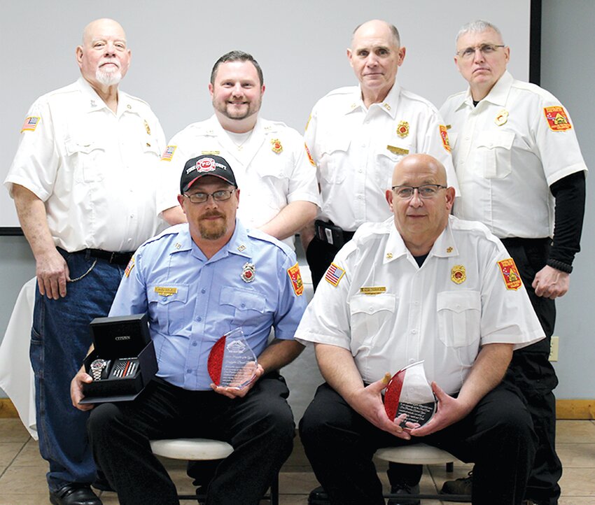 Shoal Creek Fire Department hosted its annual awards banquet on Saturday evening, March 16, at their station in Sorento. In front, from the left, are Shoal Creek Firefighter of the Year Daniel Revell and Special Recognition Award winner Chief David Caulk. In back, from the left, are board members Gerald Knight, Vice President Donald Sturgeon, President Brett Kunkel and Daniel Fenton.