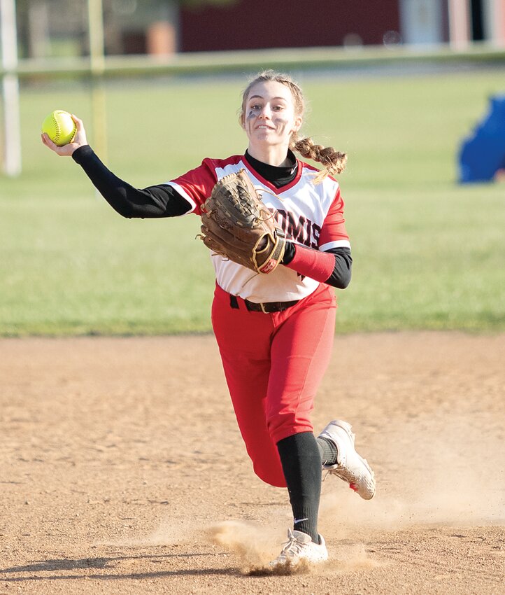 Nokomis' Grace DeWerff sets herself to throw to first during the Lady Redskins' game against Carlinville on Thursday, March 21.