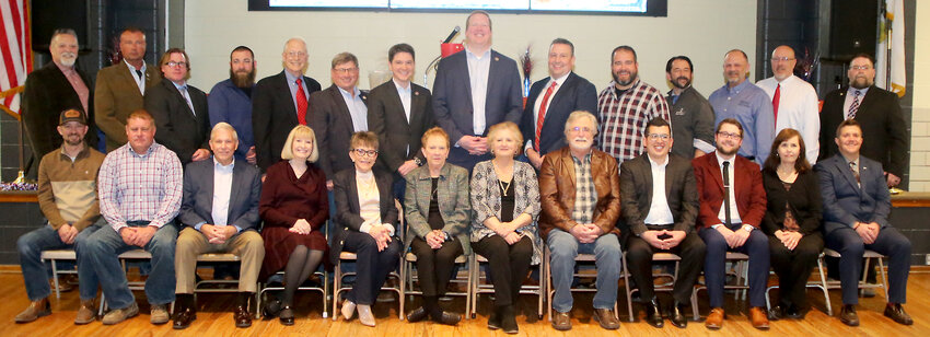 Montgomery County Republican Central Committee members and office holders, in front, from the left are Cody Gudgel, County Board member Chad Ruppert, Larry Hewitt, County Board member Patty Whitworth, Secretary Roberta Meyer, County Board member Connie Beck, Christine Daniels, Jim Jones, Adam Ortega, Treasurer Tommy Justison, County Clerk Sandy Leitheiser and Undersheriff Tyson Holshouser. In back are  County Board Chairman Doug Donaldson, Sheriff Rick Robbins, Chairman Mark Hughes, Shawn Bizaillion, County Board member Andy Ritchie, State Representative Wayne Rosenthal, State Senator Steve McClure, State Senator Jason Plummer, Judge Christopher (Kit) Hantla, Coroner Randy Leetham, State&rsquo;s Attorney Andrew Affrunti, Circuit Clerk Daniel Robbins, Rob Corso and Vice-Chairman Jeremy Jones.