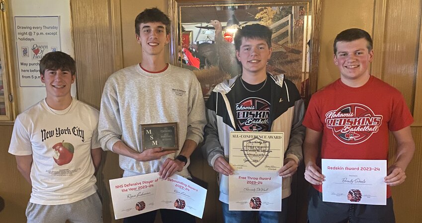 Four members of the Nokomis boys basketball team received awards or all-star recognition during the Redskins&rsquo; banquet on Saturday, March 16. From the left are Mason Stauder, Reece Lohman, Kennedy DeWerff and Brody Steele.