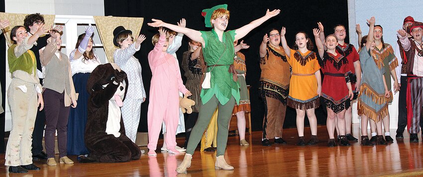 Peter Pan is flying into Raymond this weekend as the Lincolnwood High School Drama Club will be presenting their annual musical production of Peter Pan, Jr. Friday, April 5 through Sunday, April 7. Evening shows on Friday and Saturday begin at 6:30 p.m. and the Sunday matinee begins at 2 p.m. Pictured above, Ruby Stevens as Peter Pan rehearses a scene in the Lincolnwood auditorium with fellow students.