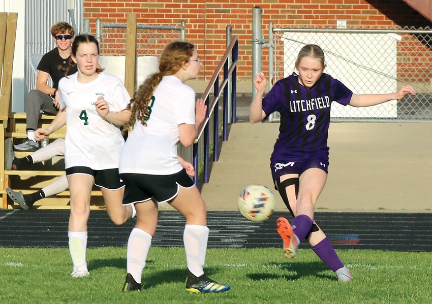 Litchfield's Chloe Law hit the post on this shot late in the Panthers' home game against Metro-East Lutheran on Monday, April 8, but the sophomore made two other goals earlier as Litchfield came away with a 7-0 victory over the Knights.