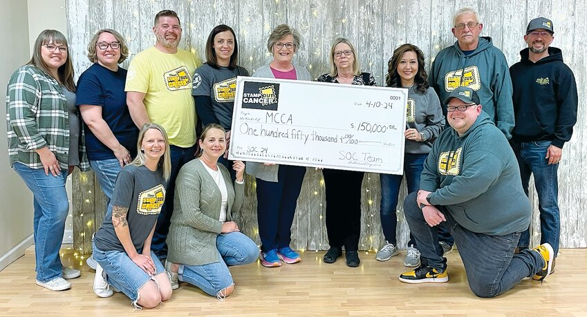 Pictured above, in front, from the left are Stamp Out Cancer committee members Dana Holshouser, Renee Laughlin and Zach Wygal. In back are Team Rock, Paper, Sisters (Amber Kalaher and Paula Bartz of Hillsboro), Team Hitch Up (Butch and Samantha Hitchings of Hillsboro), Joyce Lipe and Shelley Halleman of the MCCA, Team Um-Believable (Tina and Denny Umberger of Nokomis) and Team Gudgel Ranch Saloon (Cody Gudgel and Jennifer Gudgel, not pictured).