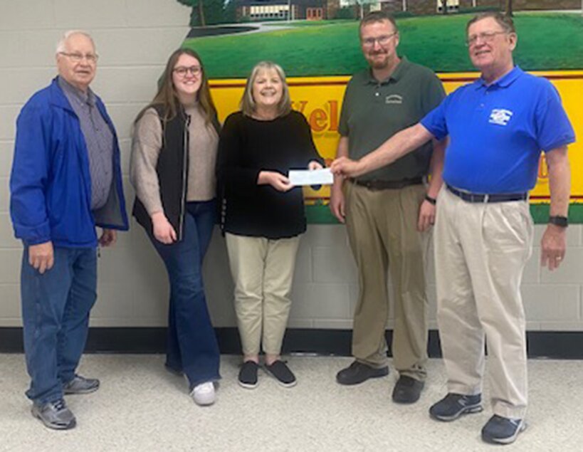 The Hillsboro Sertoma Club presented a $750 check to the Beckemeyer Elementary School speech program. Pictured above, from the left, are Earl Meier of the Hillsboro Sertoma Club, Beckemeyer Speech-Language Pathologist Breanna Henson, Beckemeyer Speech-Language Pathologist Lorinda Jennings, Beckemeyer Principal Zach Frailey and Allan Spellbring of the Hillsboro Sertoma Club.