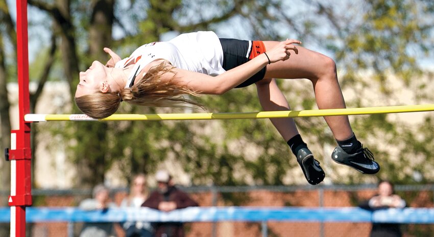 Hillsboro's Jaida Linn (above) and Maryn Tarver took the top spot in the high jump at the Greenville Relays on Friday, April 19, beating out the second place team from Wesclin by .09 meters. As a team, the Lady Hiltoppers finished third overall.