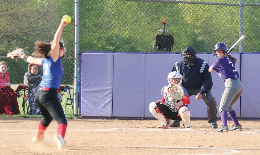 Litchfield's Georgia Glover (#3) awaits the delivery to the plate from Carlinville pitcher Hallie Gibson during the Lady Panthers' non-conference meeting with the Cavaliers on Monday, April 22. Gibson struck out 16 batters as the Cavaliers defeated Litchfield 7-3.