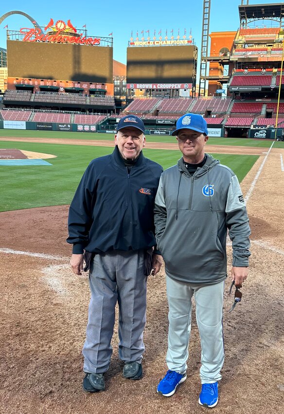 Pictured above are IHSA umpire Louis Lang of Coffeen (left) and Greenville High School Athletic Director Joe Alstat prior to the Comets&rsquo; game at Busch Stadium on April 6.