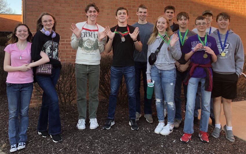 Eleven Litchfield students attended the Regional Science Olympiad competition on Saturday, March 2, in Belleville. Pictured above, from the left, are Lahna Kruse, Emma Wilson, Zach Leitschuh, Jackson Painter, Dominic Ellinger, Madi Mix, Camden Quarton, Cal Frerichs, Liam White, Conner Favre and Isaiah Burdell.