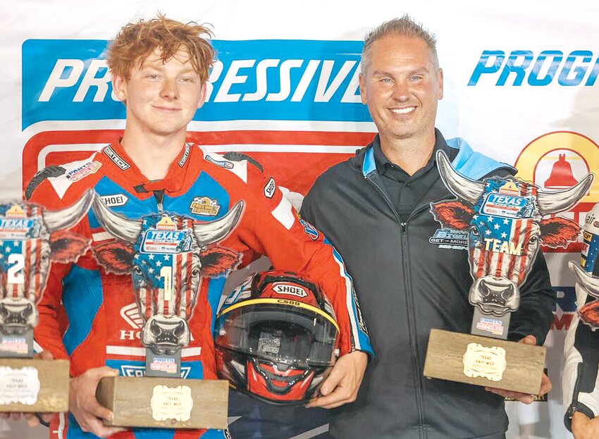 For the first time in his pro career, Hillsboro racer Chase Saathoff finished atop the podium in the American Flat Track Singles series, winning the Texas Half-Mile at Texas Motor Speedway in Fort Worth on April 27. Saathoff, pictured above with team owner Bryan Bigelow, is currently second in the overall points and is one of just two racers to finish in the top five in each of the first four races.