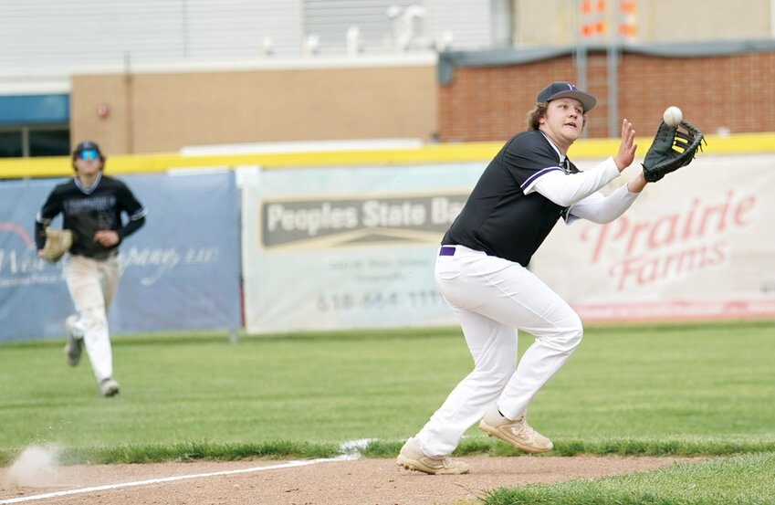 Litchfield senior Ian Otto snags a pop up in foul territory at first base during the Purple Panthers' trip to Greenville on Thursday, April 25. Otto hit a solo home run for the Panthers, who went on to beat the Comets 4-1 for Greenville's first South Central Conference loss.