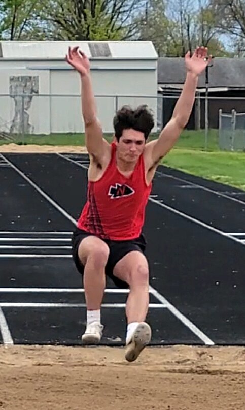 Nokomis junior Bond Knodle won three events and set two new personal records to help the Redskins to a third place finish at a five-team meet in Gillespie on Thursday, April 25.